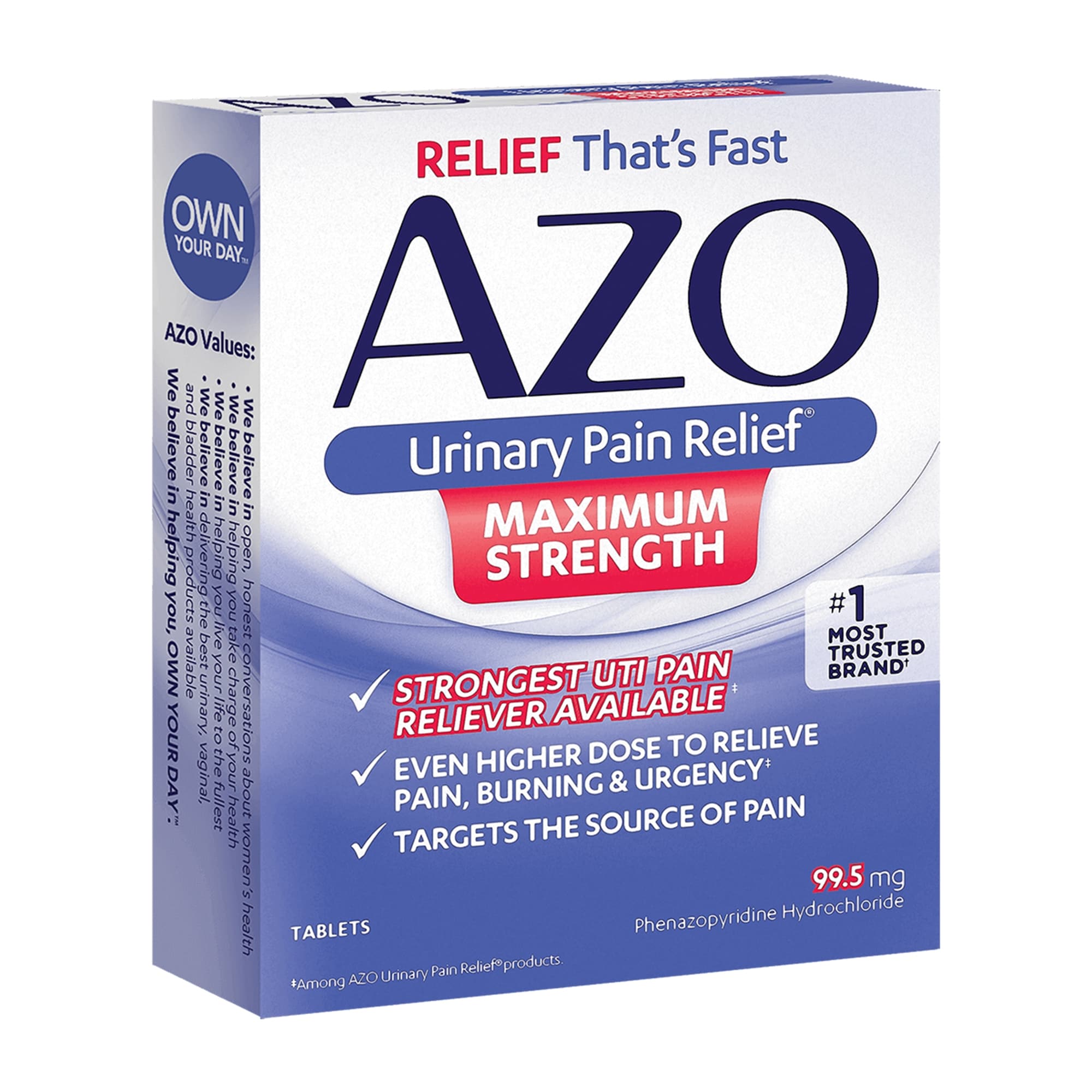 Urinary Pain Relief AZO® Maximum Strength 99.5 mg Strength Phenazopyridine HCL Tablet 12 per Box