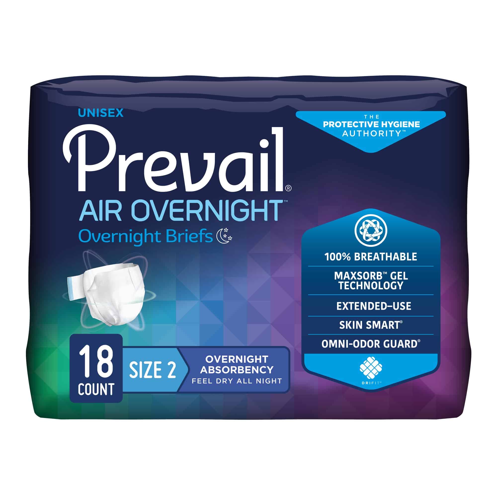 Unisex Adult Incontinence Brief Prevail Air™ Overnight Size 2 / Large Disposable Heavy Absorbency