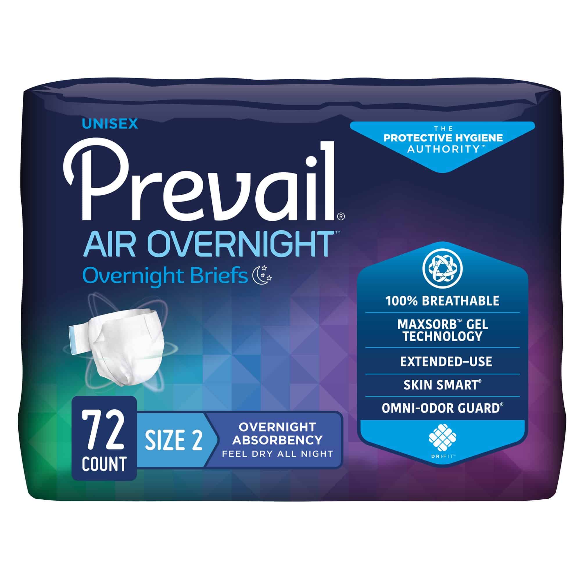 Unisex Adult Incontinence Brief Prevail Air™ Overnight Size 2 / Large Disposable Heavy Absorbency