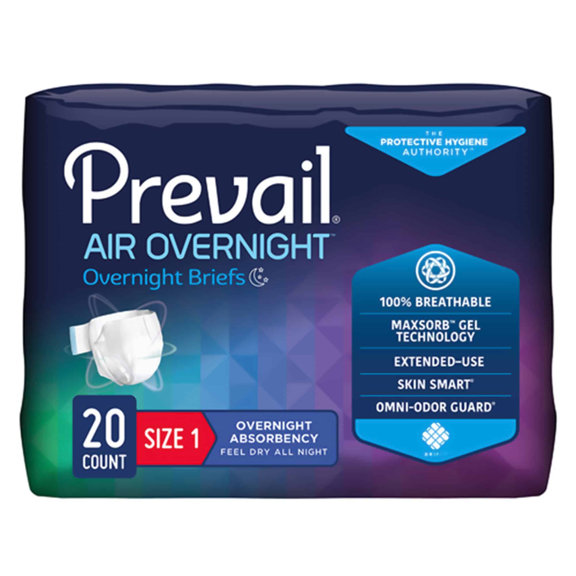 Unisex Adult Incontinence Brief Prevail Air™ Overnight Size 1 / Medium Disposable Heavy Absorbency