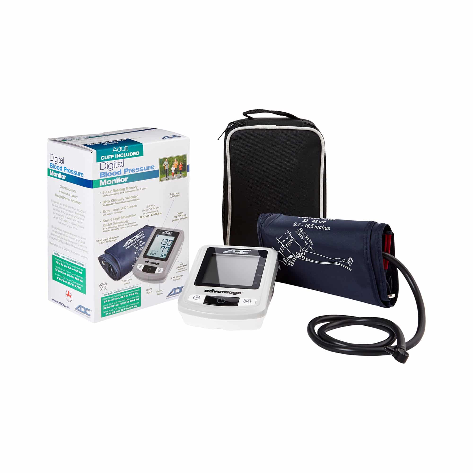 Advantage™ 6021N Blood Pressure Monitor | 22-42 cm Cuff Clinically Validated Accuracy: BHS AA rating guarantees top-tier precision. (Consider bolding "Clinically Validated Accuracy" or "top-tier precision") Personalized Inflation: Smart Logic™ Technology determines the optimal inflation level for each user. (Consider bolding "Personalized Inflation" or "optimal inflation") Irregular Heartbeat Detection: Detects and alerts you to irregular heartbeats. (Consider bolding "Irregular Heartbeat Detection") Automated Operation: Automatic inflation and deflation control for easy use. (Consider bolding "Automated Operation") Dual-User Memory: Stores up to 99 readings with date and time for two users. (Consider bolding "Dual-User Memory" or "99 readings") Comfortable Cuff: Self-adjusting, latex-free D-Bar cuff fits arm sizes 8.7"–16.5" (22–42 cm). (Consider bolding "Comfortable Cuff" or "Self-adjusting") Power Saving: Auto-off feature for extended battery life. (Consider bolding "Power Saving") Latex-Free: Made without natural rubber latex. (Consider bolding "Latex-Free") Optional Power: AC adapter available (sold separately). (Consider bolding "Optional Power")