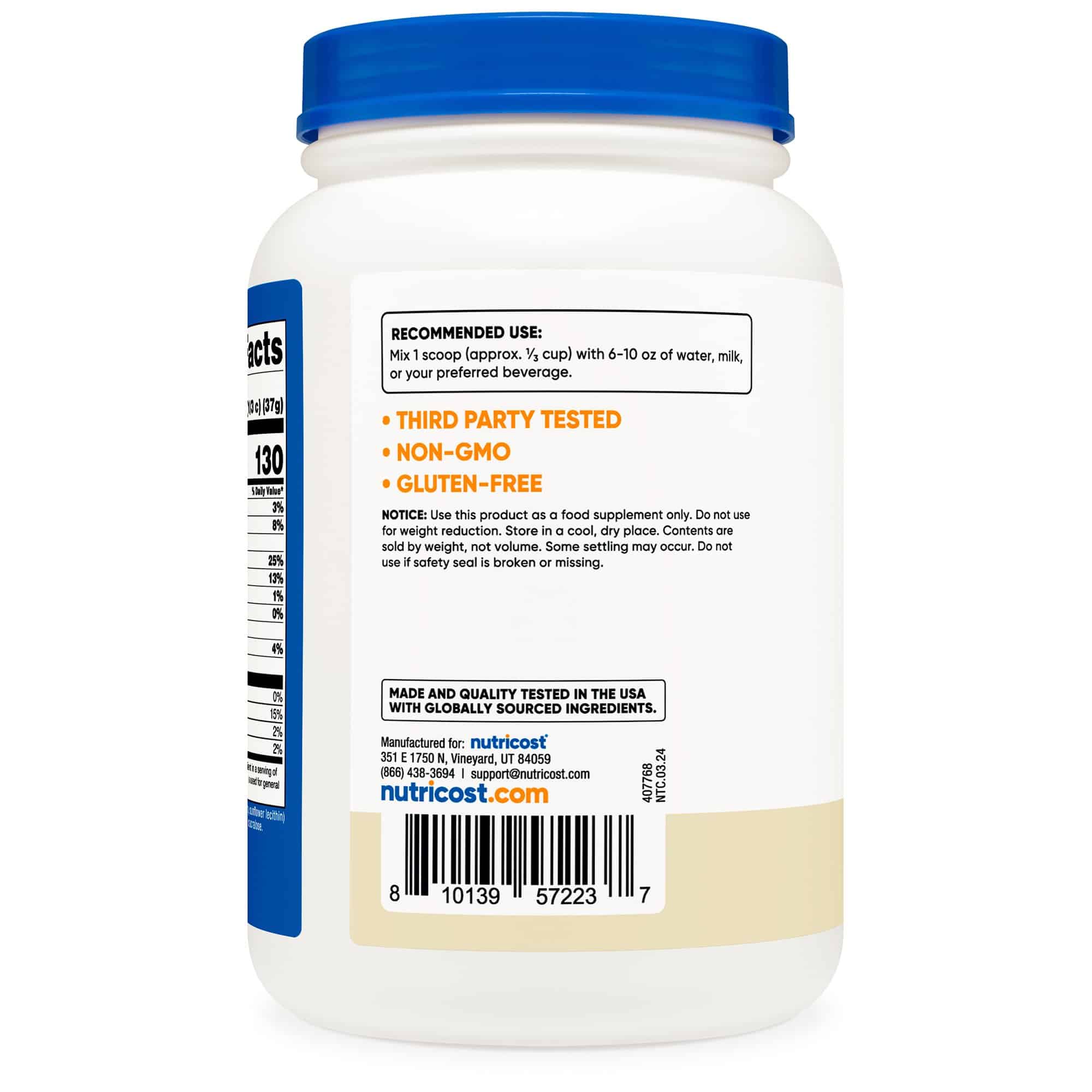 Oral Supplement Nutricost Whey Protein Concentrate Vanilla Flavor Powder 1.5 lb. Canister