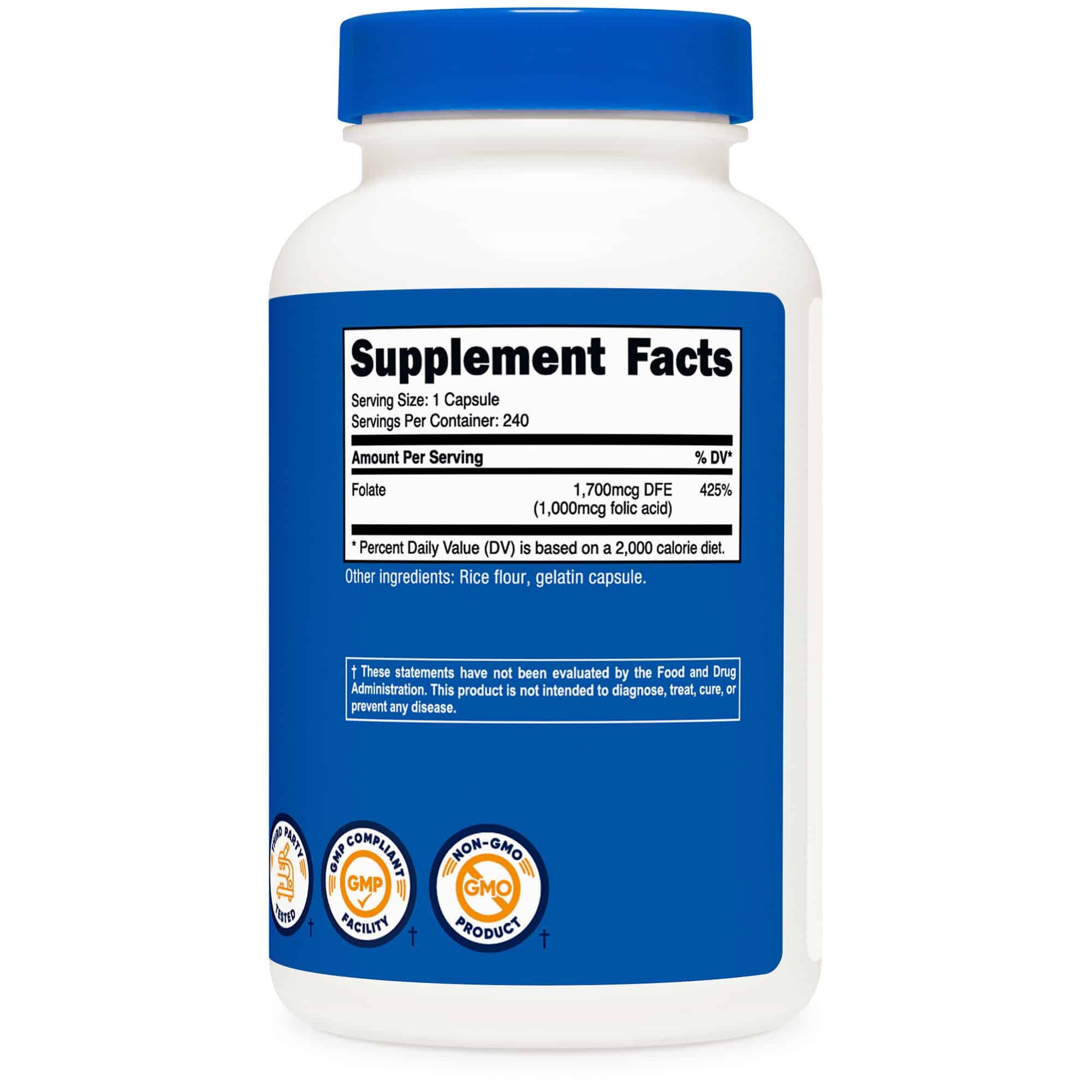 Dietary Supplement nutricost® Folic Acid (Vitamin B9) Folate 1,000 mcg Strength Capsule 240 Per Bottle