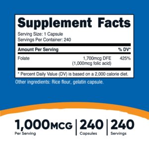 Dietary Supplement nutricost® Folic Acid (Vitamin B9) Folate 1,000 mcg Strength Capsule 240 Per Bottle