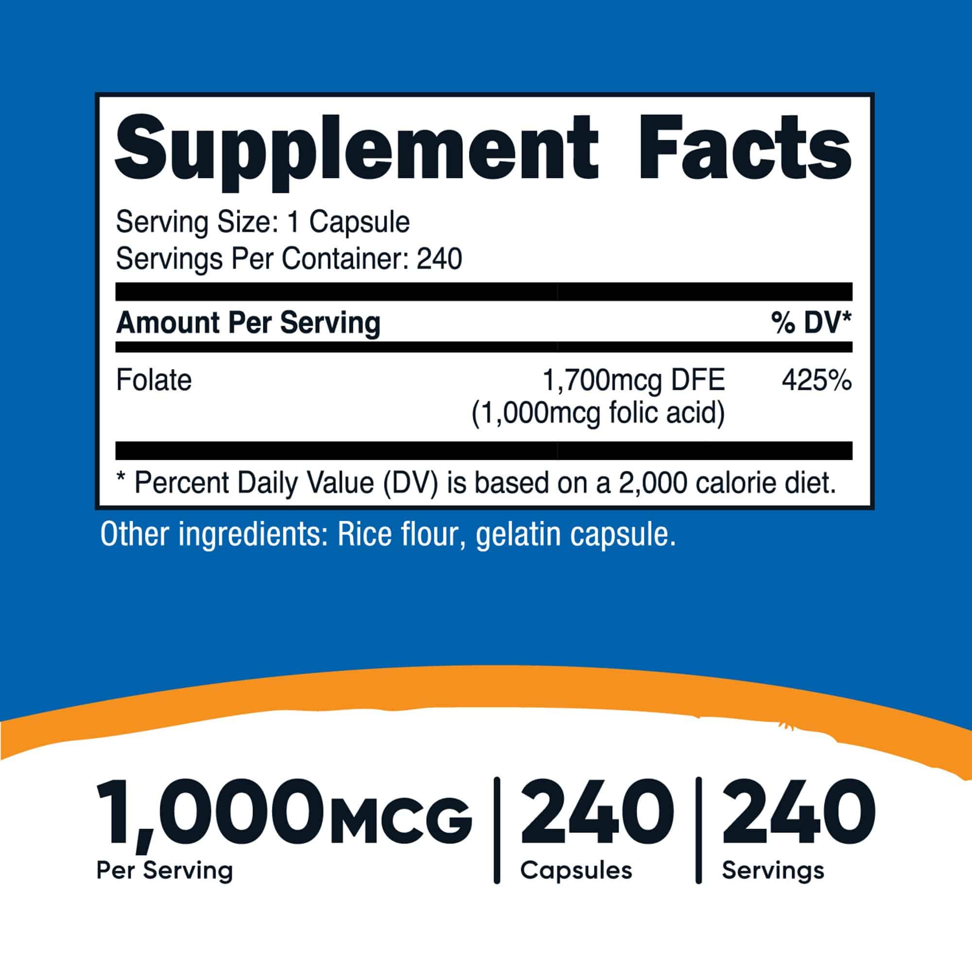 Dietary Supplement nutricost® Folic Acid (Vitamin B9) Folate 1,000 mcg Strength Capsule 240 Per Bottle